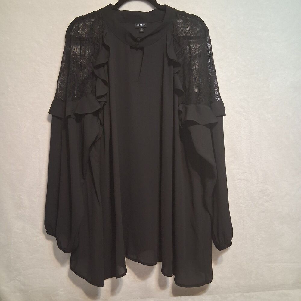Torrid 4 (4X) Top Button Up Black Lace Ruffle Sheer Whimsigoth Dark Feminine